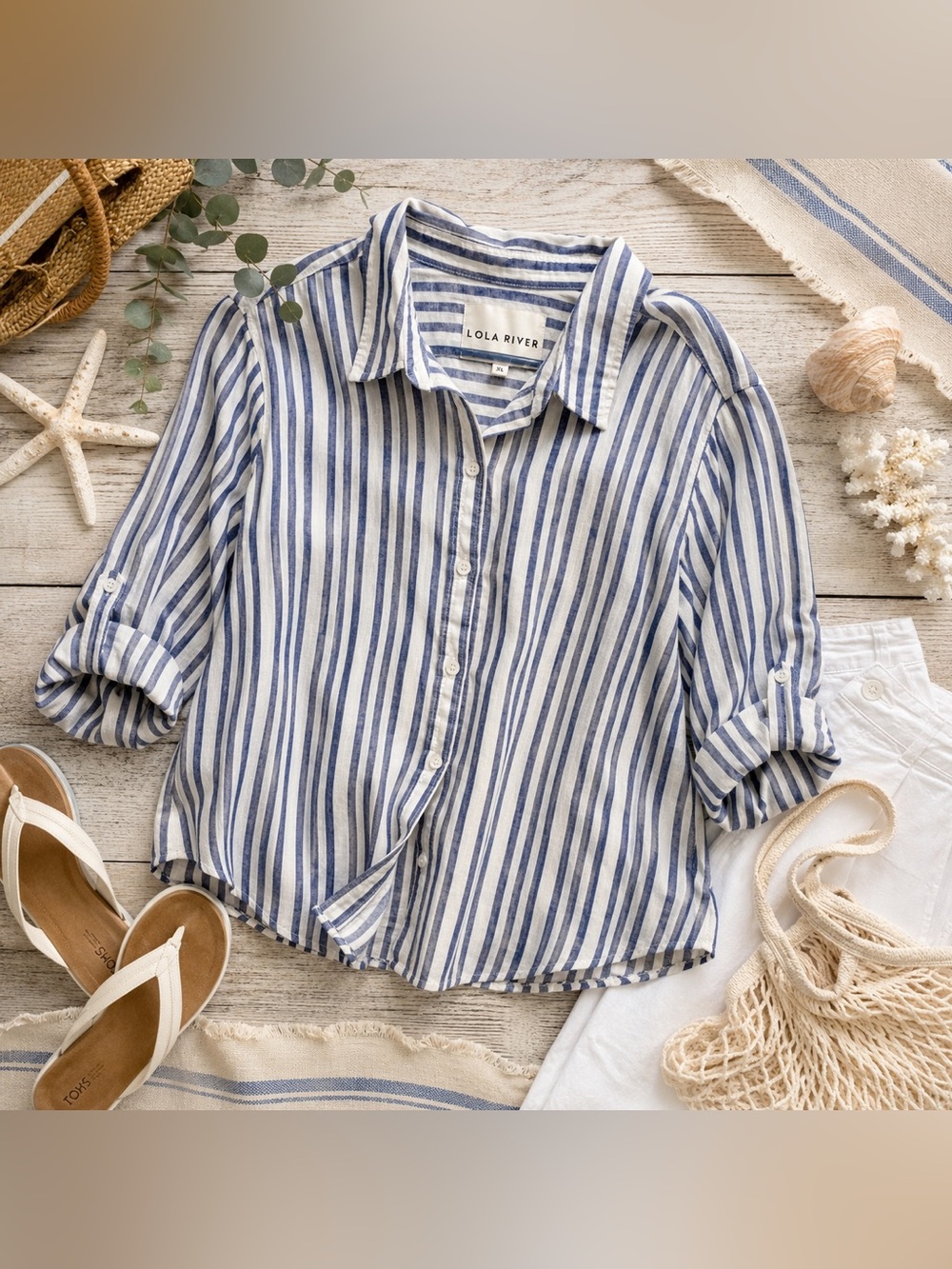 Lola River XL Blue White Linen Lyocell Striped Button Down Roll Tab Shirt - Picture 2 of 9